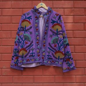 Womens Dark Purple Velvet Embroidered Jacket with Floral Design
