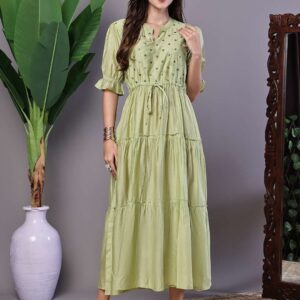 Wome's Boho-Chic Forest Green Tiered Maxi Dress with Puff Sleeves Dresses